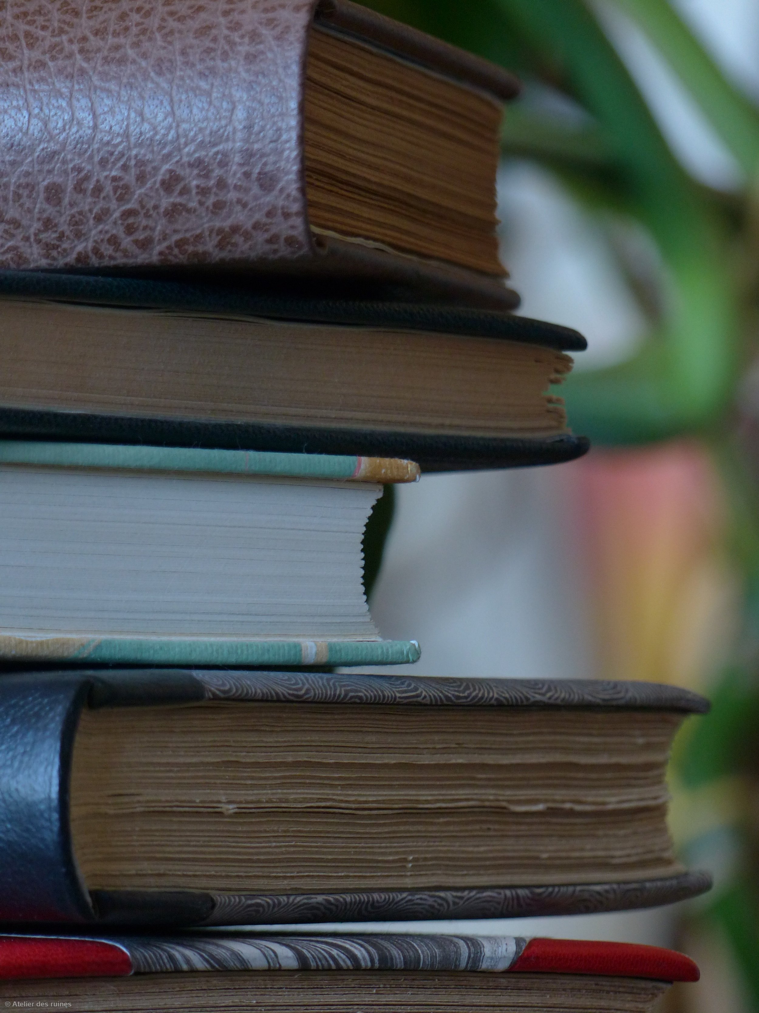 Une pile de livres avec différentes tailles, couleurs et textures, vue de profil.