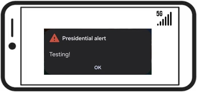 A smartphone screen displaying a wireless emergency alert message that says "Testing!".