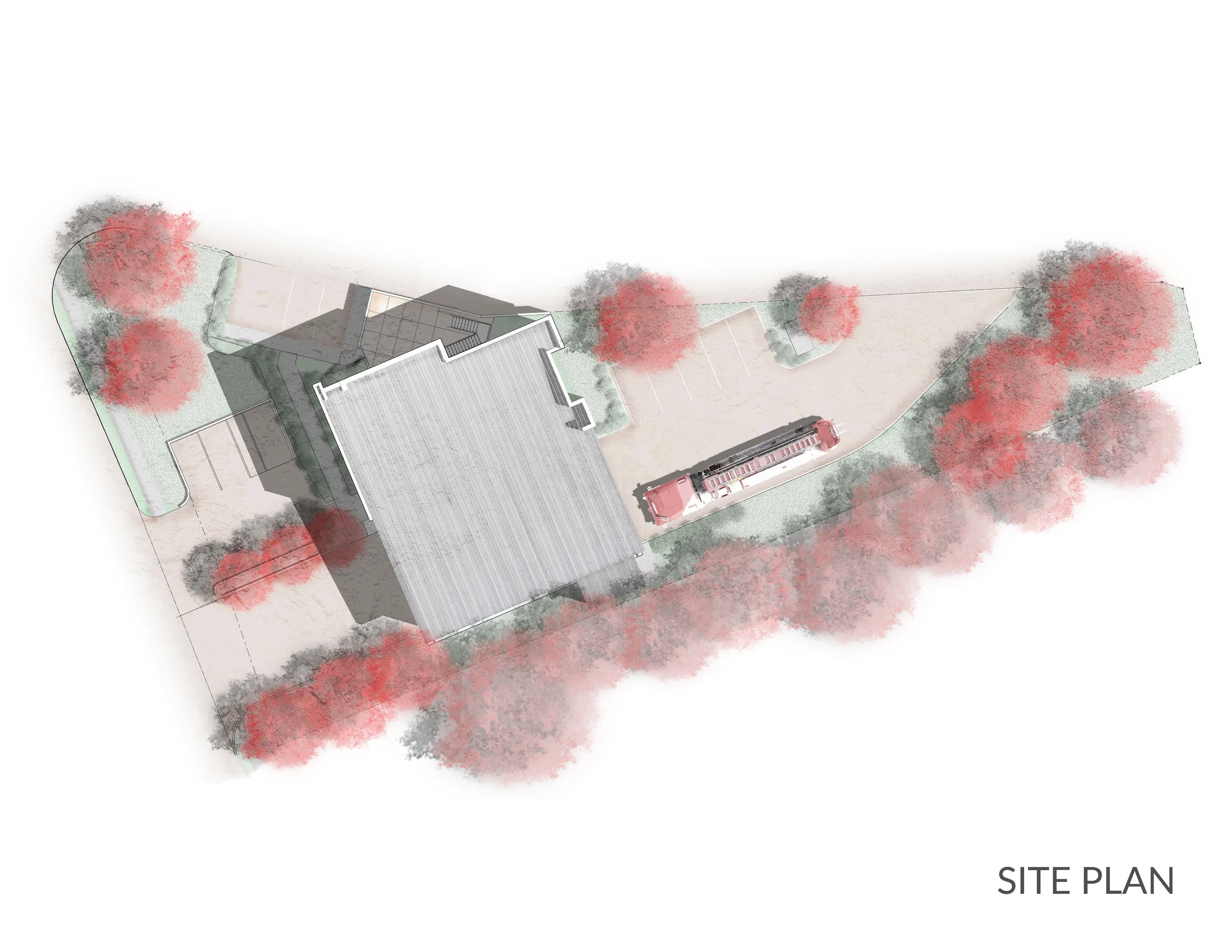 A site plan architectural drawing showing a building, parking spaces, and surrounding trees with pink and gray foliage.