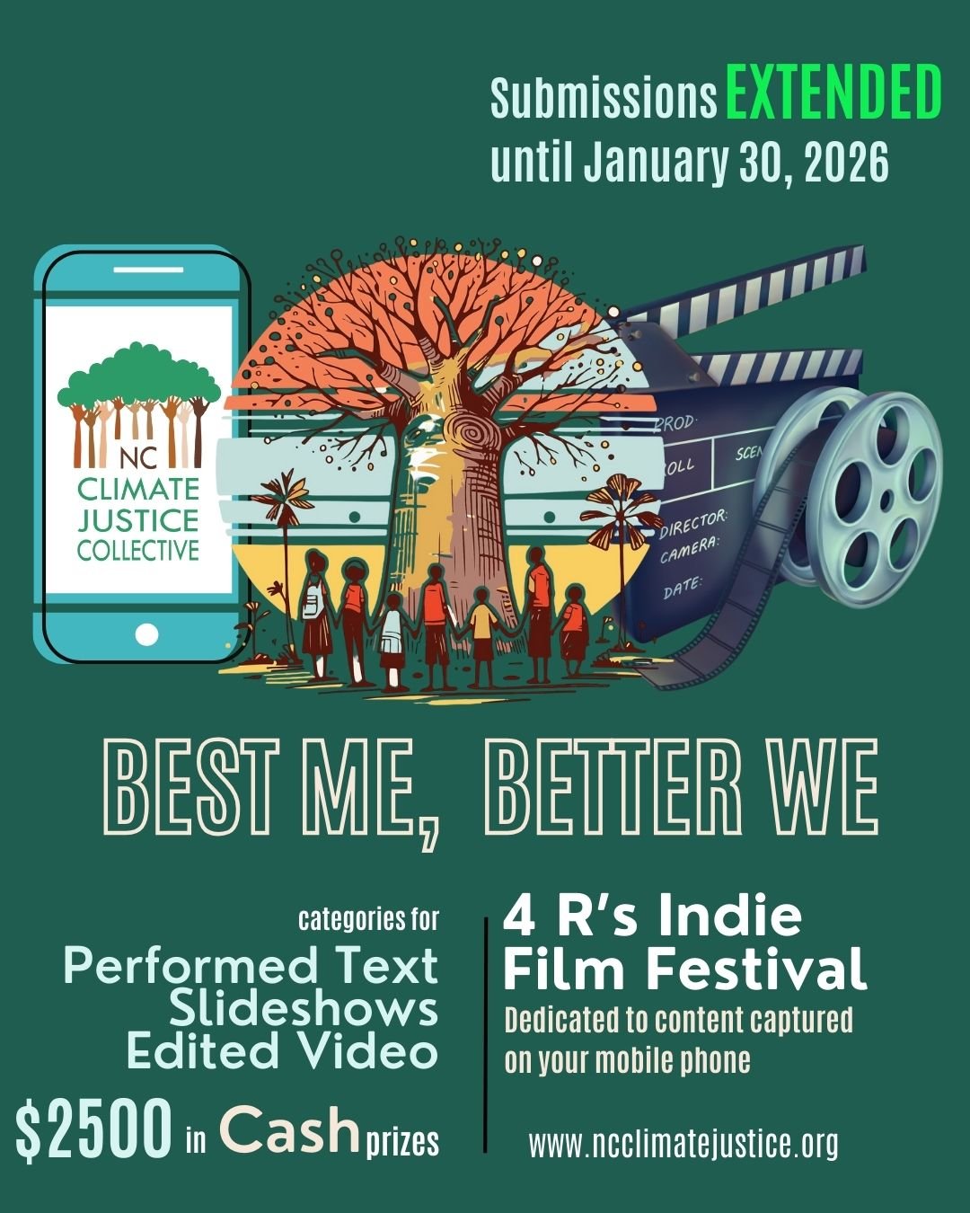 We want to showcase your creative POWER so we are extending the deadline! You now have until Friday January 30th to submit your video to our 4 Rs Film Fest. You can find out more about how to submit at ncclimatejustice.org

The NC Climate Justice Col