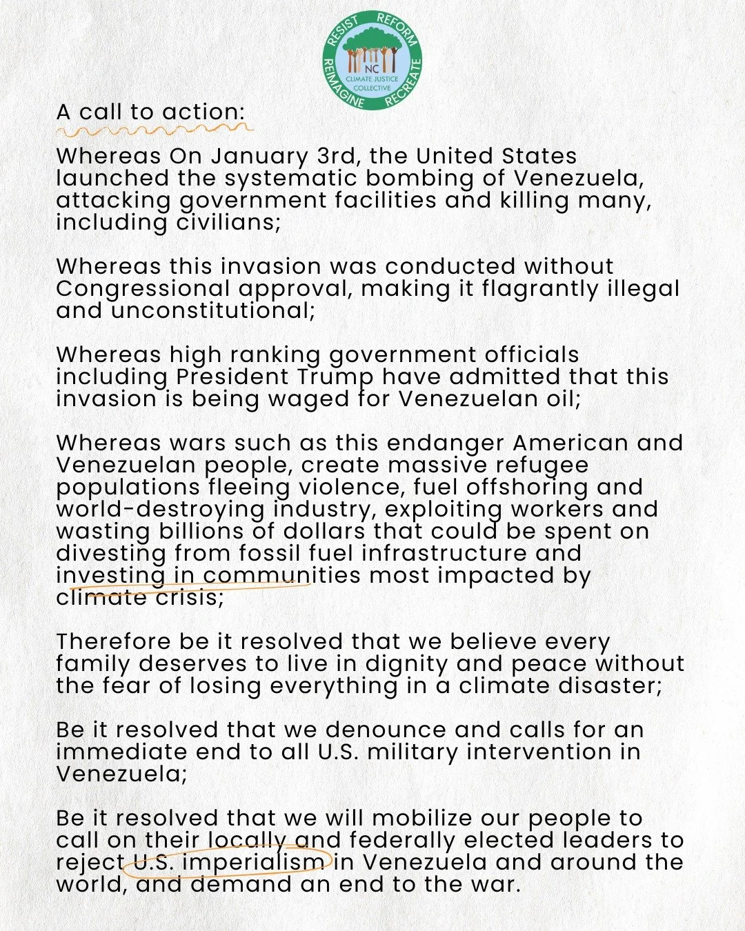 With this call to action are heeding and adapting a brilliant resolution that we received from DSA's National Labor Commission:

The Trump administration&rsquo;s attack on Venezuela in pursuit of oil is an attack on Venezuela&rsquo;s sovereignty. And