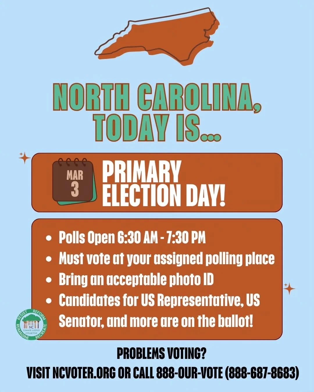 NC PRIMARY ELECTION TODAY, MARCH 3, 2026.

Every election is important and matters. REMEMBER, YOUR vote is YOUR voice!
