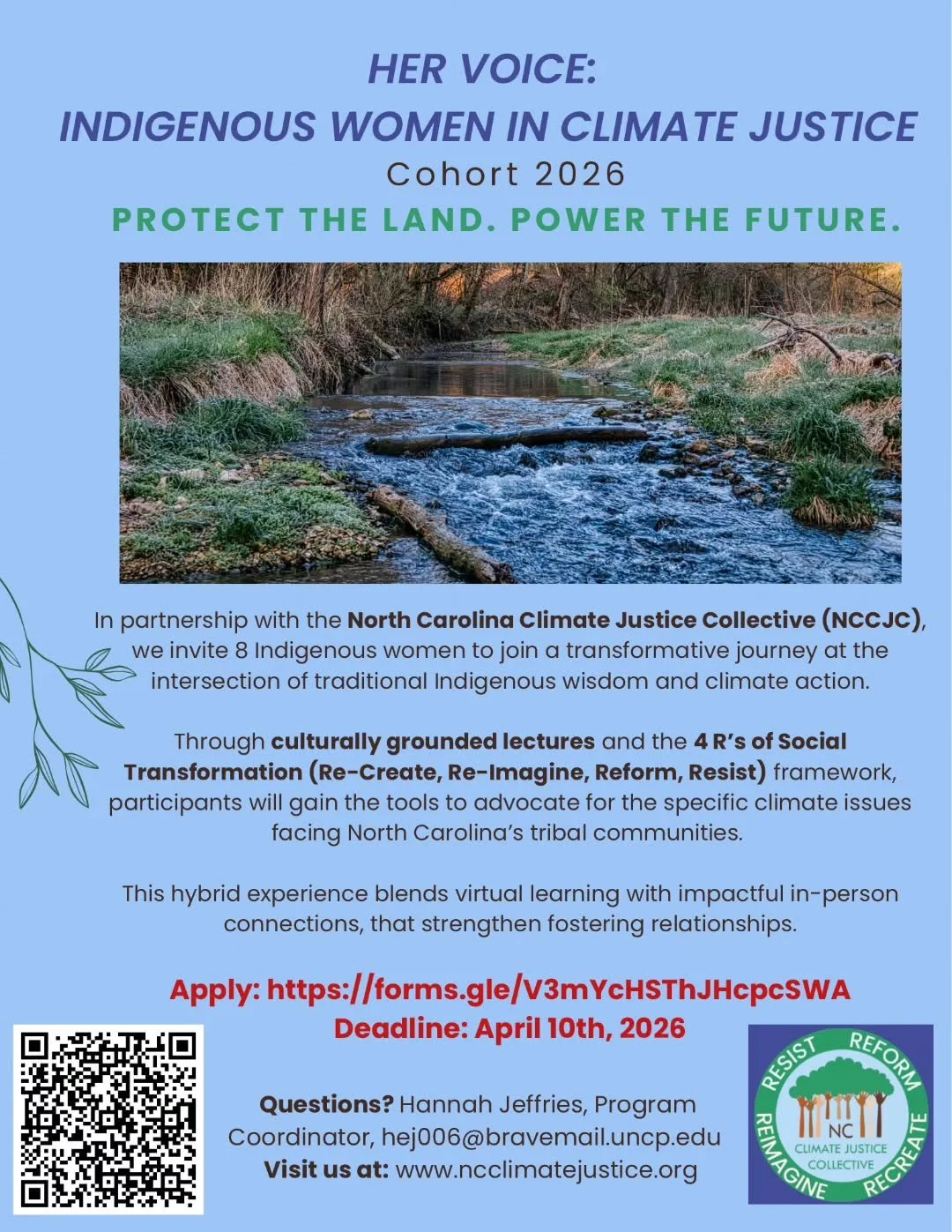 Announcing the Her Voice: Indigenous Women in Climate Justice cohort 2026. This amazing opportunity is being presented in partnership with NCCJC. 8 indigenous women will embark on a transformative journey at the intersection of traditional indigenous