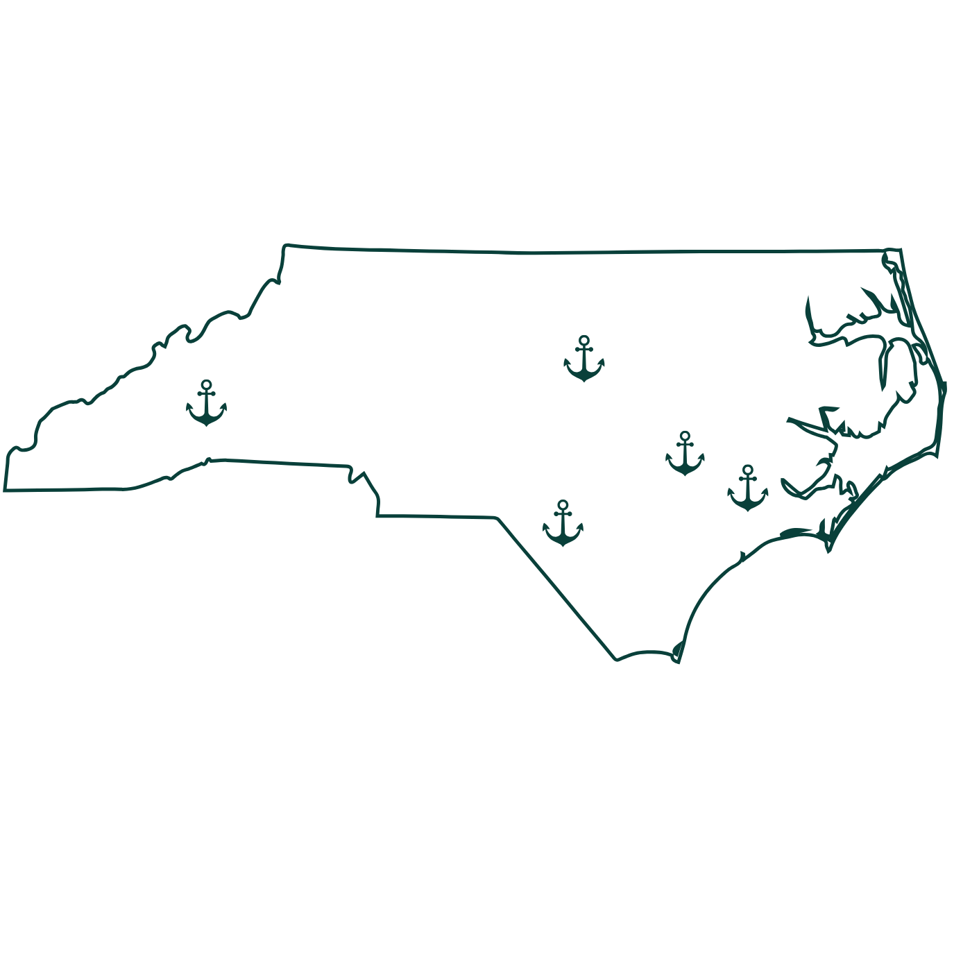 Outline map of North Carolina with nautical accents, including anchors and waves, in a nautical theme.