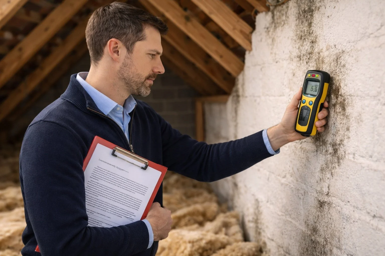 A man inspecting a wall with a moisture meter, holding a clipboard with papers.
