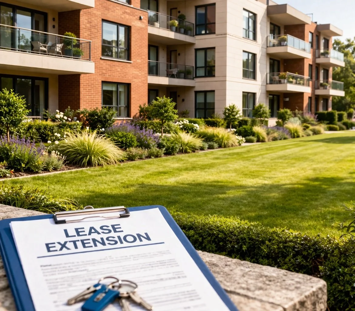 Apartment complex with landscaped lawn and garden, lease extension document and keys in the foreground.