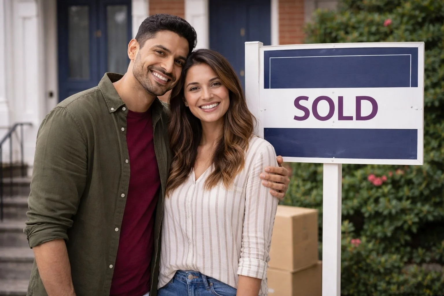 Happy couple standing outside their new home with a 'Sold' sign.