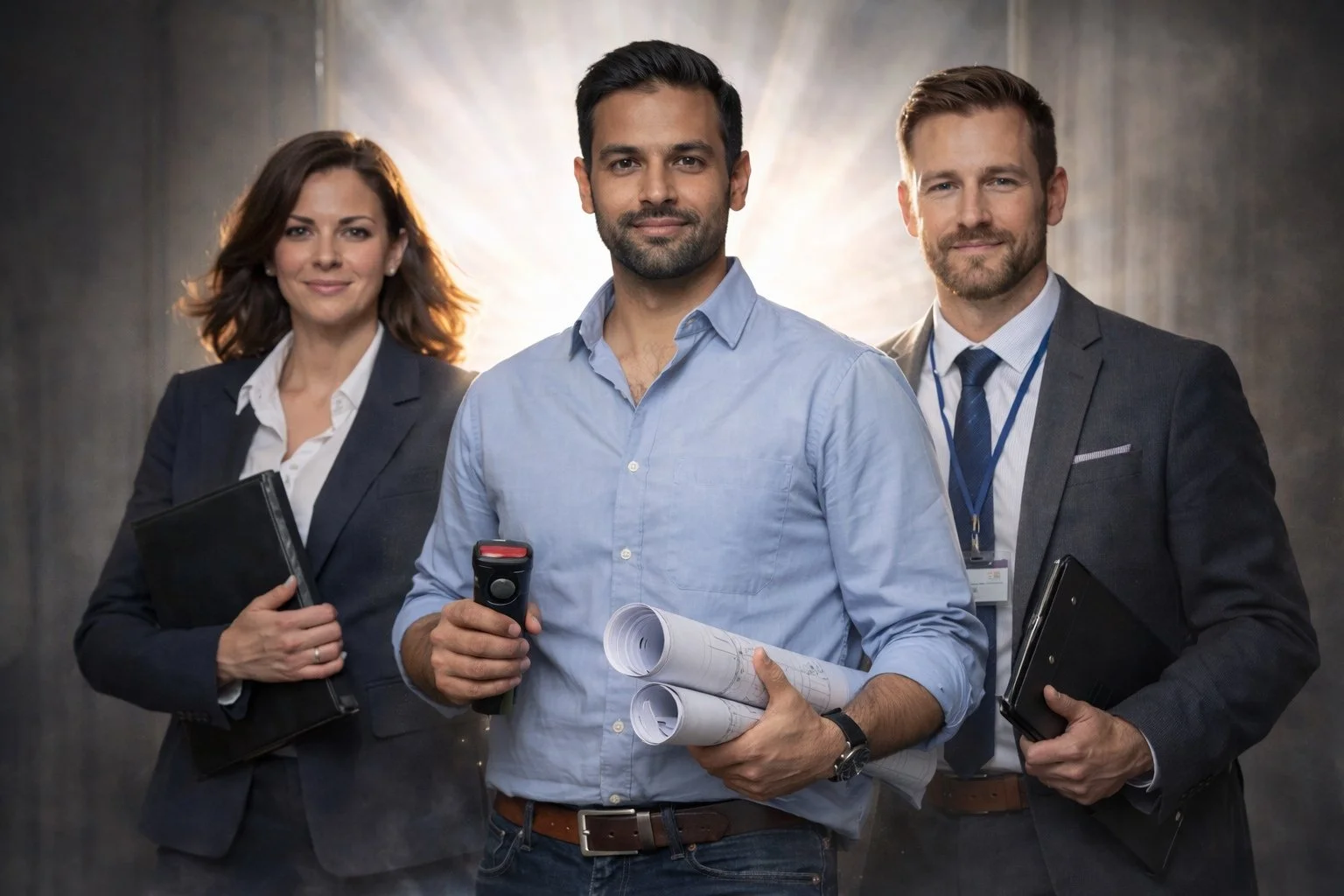 Three professionals, a woman and two men, standing confidently in business attire with documents and tools, in an indoor setting with backlighting.