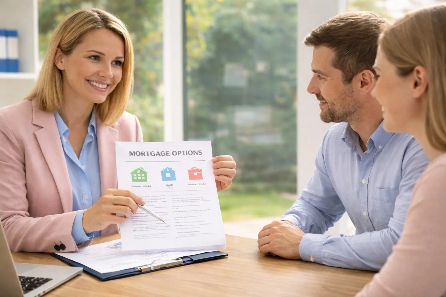 Real estate agent showing a mortgage options sheet to a couple during a consultation in an office.