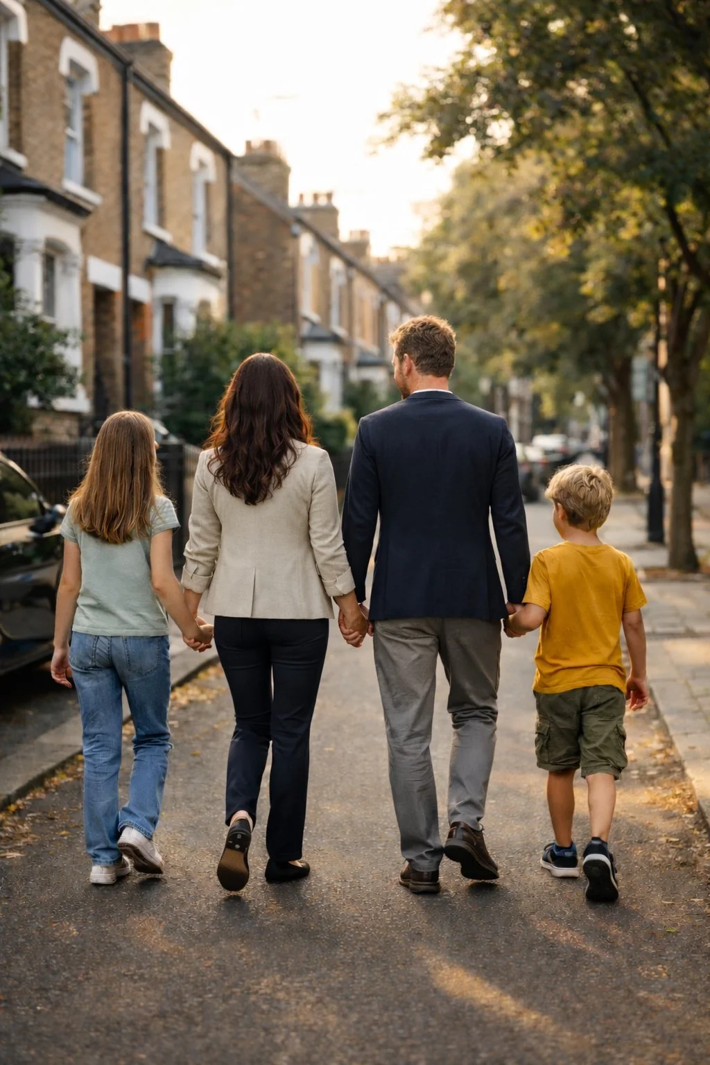 A family of four walking hand in hand down a residential street during sunset, with trees and houses lining the sidewalk.