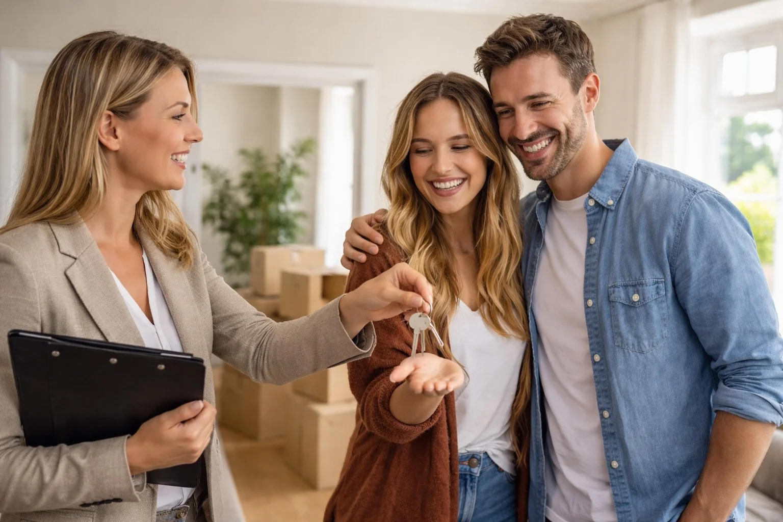 A woman showing keys to a young couple in a bright room.