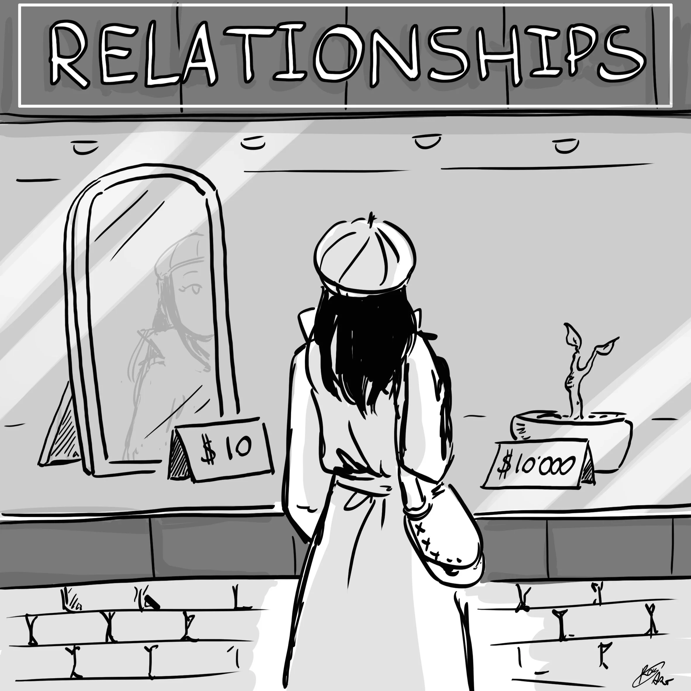 Una donna si guarda allo specchio davanti a una vetrina con il cartello 'RELATIONSHIPS'. I prezzi di due oggetti, uno a $10 e l'altro a $10.000, sono visibili sulla vetrina. C'è una pianta in vaso e un ambiente urbano.
