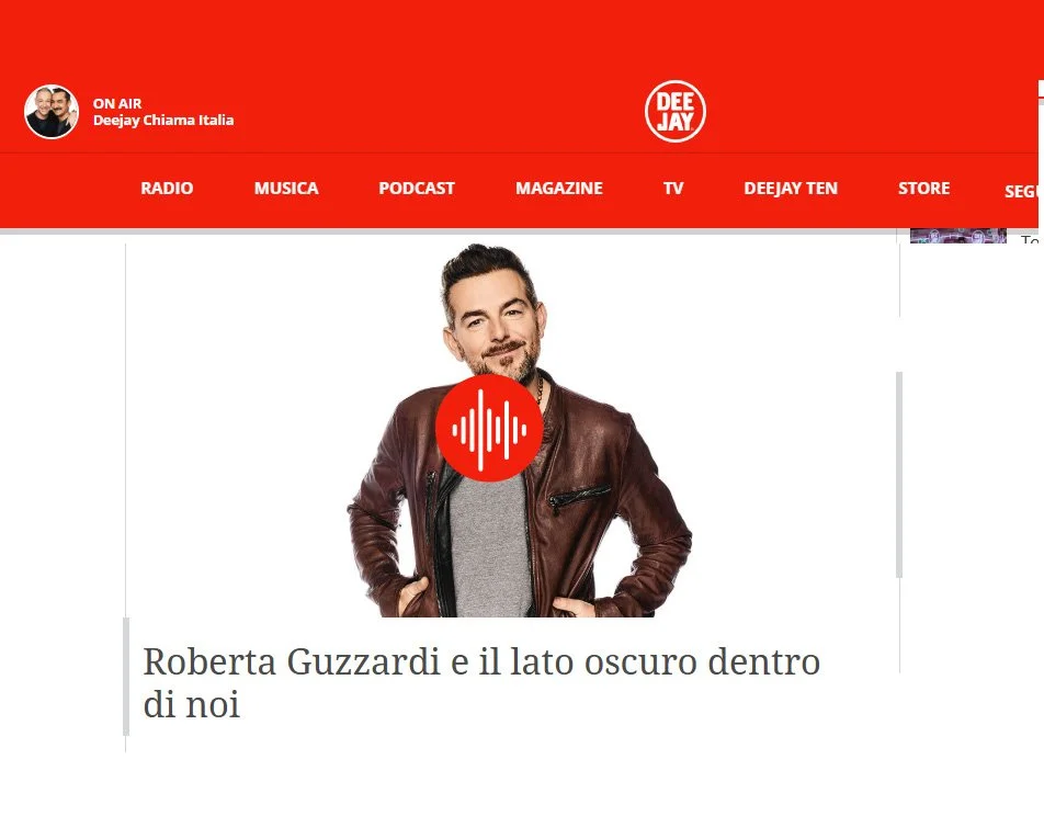 Pagina web di Deejay con un'immagine di Roberta Guzzardi e il titolo 'Roberta Guzzardi e il lato oscuro dentro di noi'.