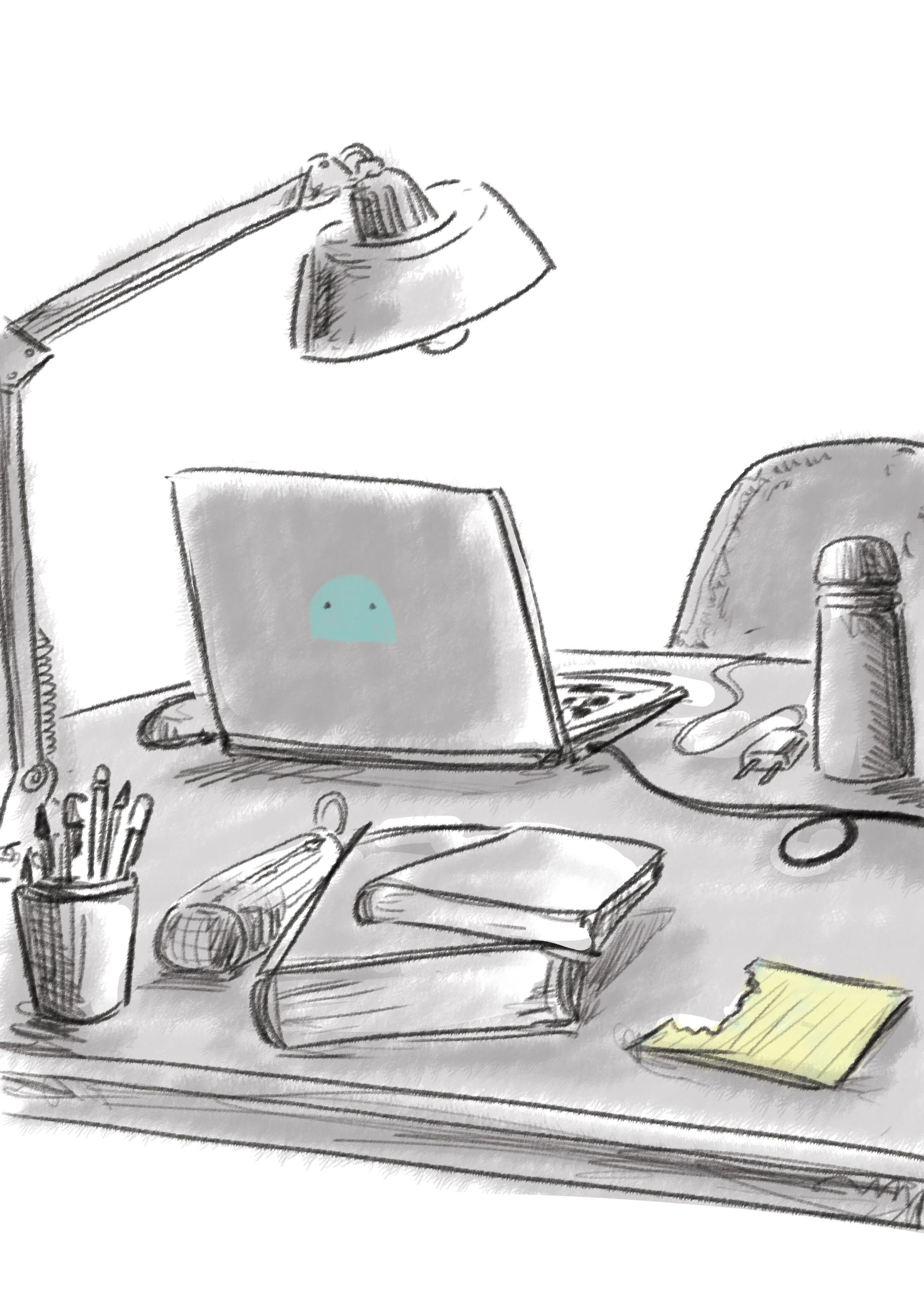 Scrivania con lampada, laptop con con il logo di Android, tastiera, penne in un porta, libri, cicalino, bottiglia d'acqua, cavo e fogli.