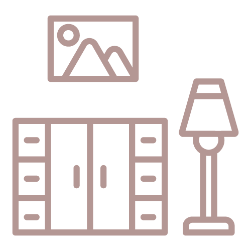 Line drawing of a cabinet, a lamp, and a framed picture on the wall.