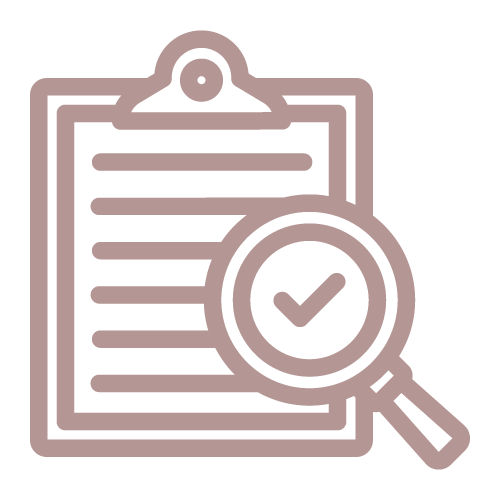 Icon of a clipboard with lines of text and a magnifying glass with a checkmark, representing review or approval.