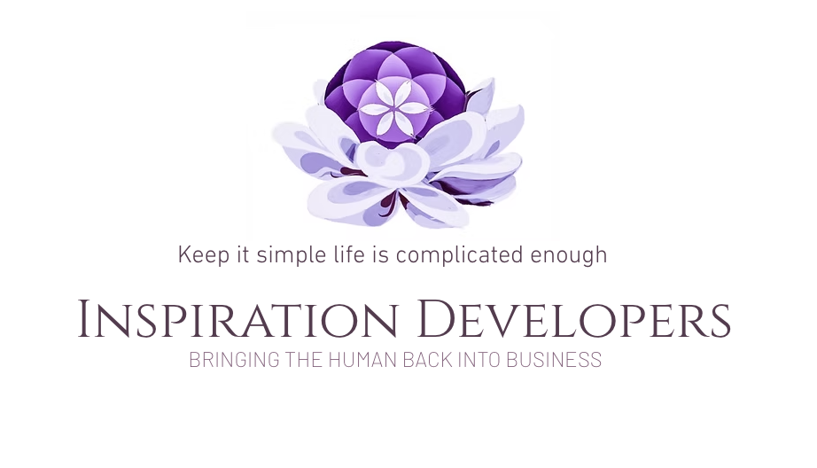 A purple and white flower illustration with the text 'Keep it simple life is complicated enough. Inspiration Developers. Bringing the human back into business.'