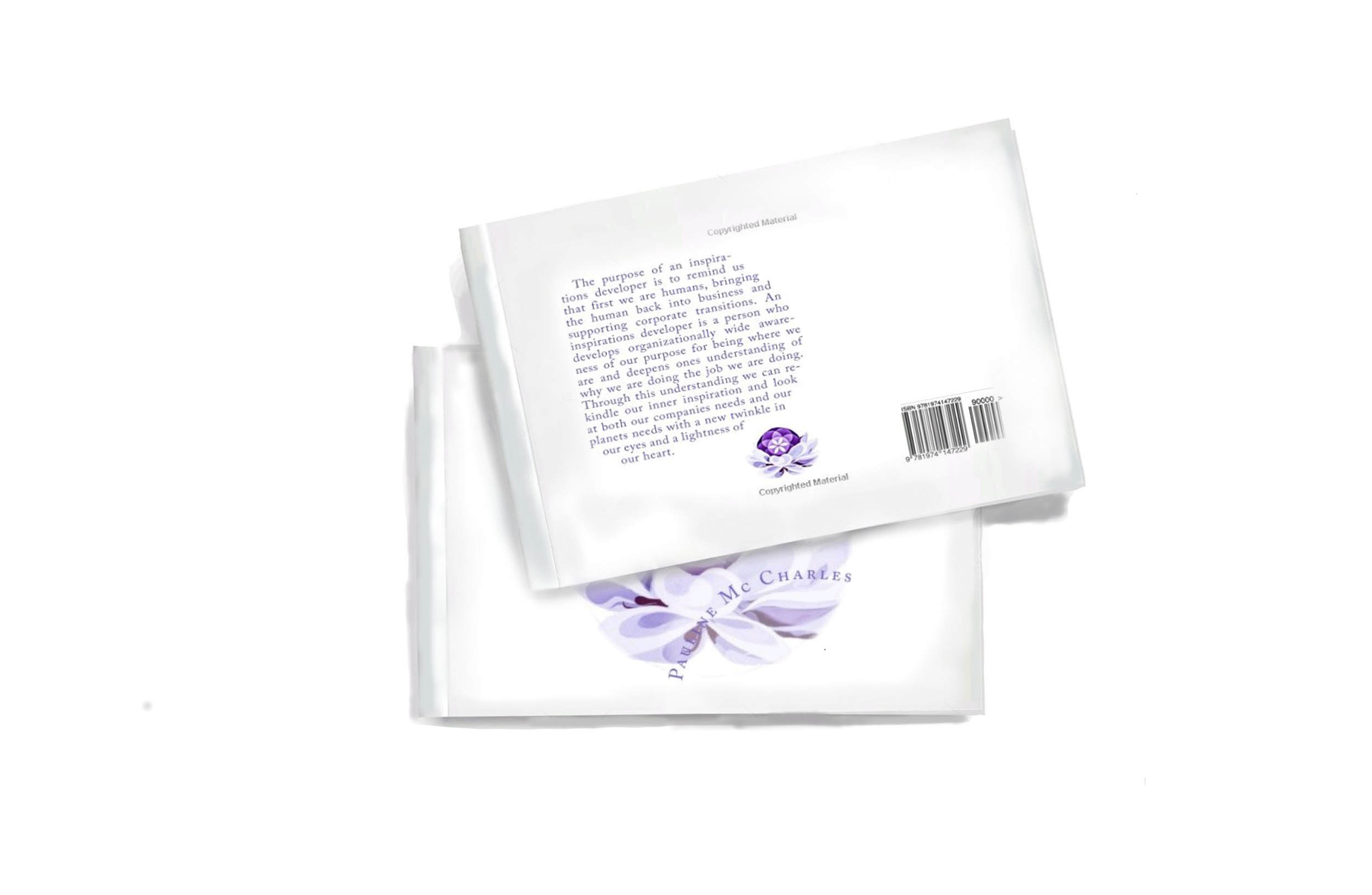 Two white packages with purple floral designs and text, one with a barcode, placed on a white surface.