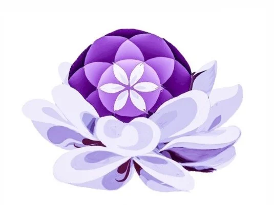 A purple and white stylized flower with layered petals and a central purple sphere.