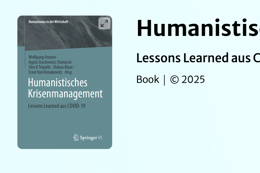 Book cover titled 'Humanistisches Krisenmanagement' with author names and publisher logo, related to lessons learned from COVID-19, published in 2025. Deutsch Edition.
