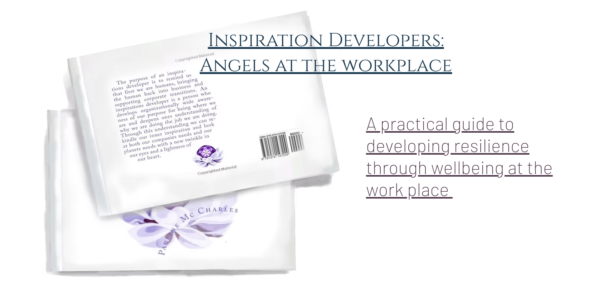 Book cover titled "Inspiration Developers: Angels at the Workplace" with subtitle "A practical guide to developing resilience through wellbeing at the workplace." The cover features a white background, a purple flower illustration, and a barcode. The author's name, Pauline M. Mc Charles, is partially visible at the bottom.