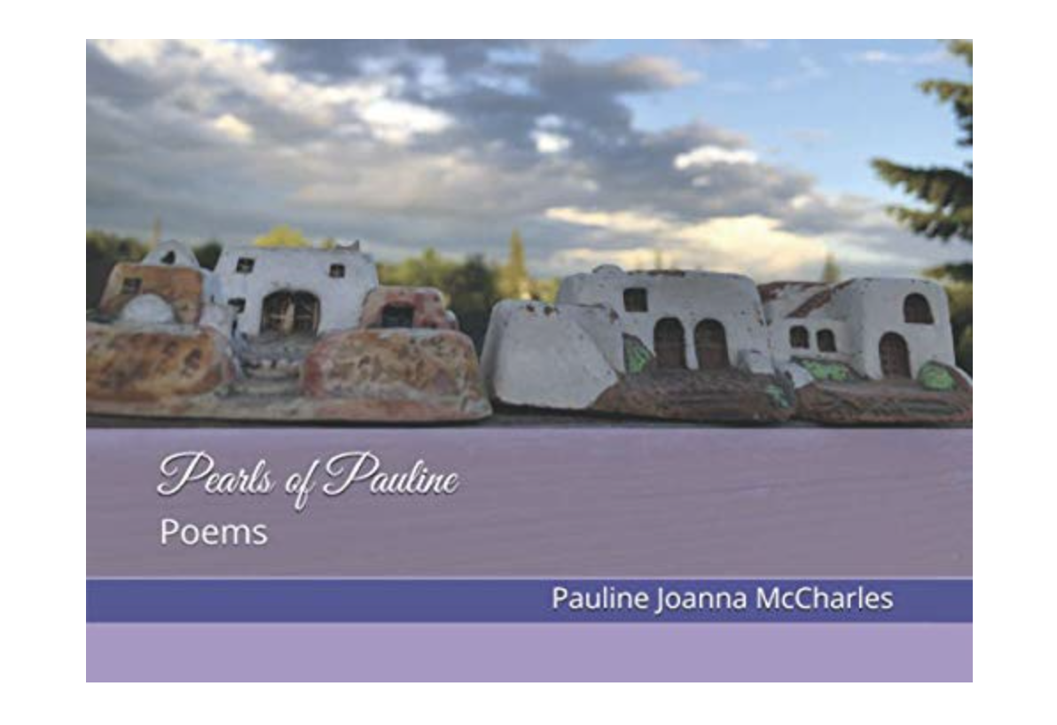 Book cover for 'Pearls of Pauline: Poems' by Pauline Joanna McCharles, featuring a landscape of fincas from Ibiza. 