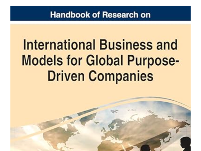 Book cover titled "Handbook of Research on International Business and Models for Global Purpose-Driven Companies" with a world map and globe design.