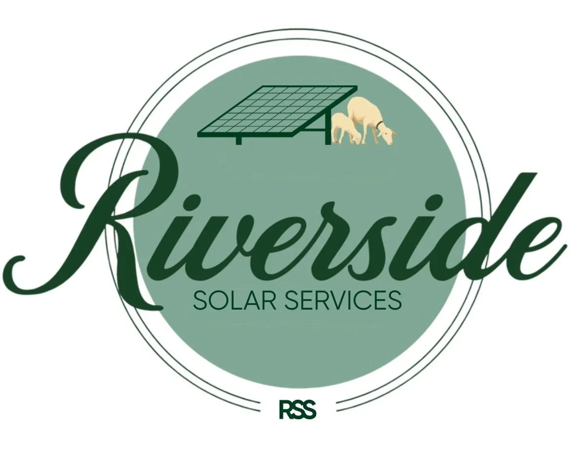 Logo for Riverside Solar Services featuring a solar panel, sheep, and the company name in stylized text.