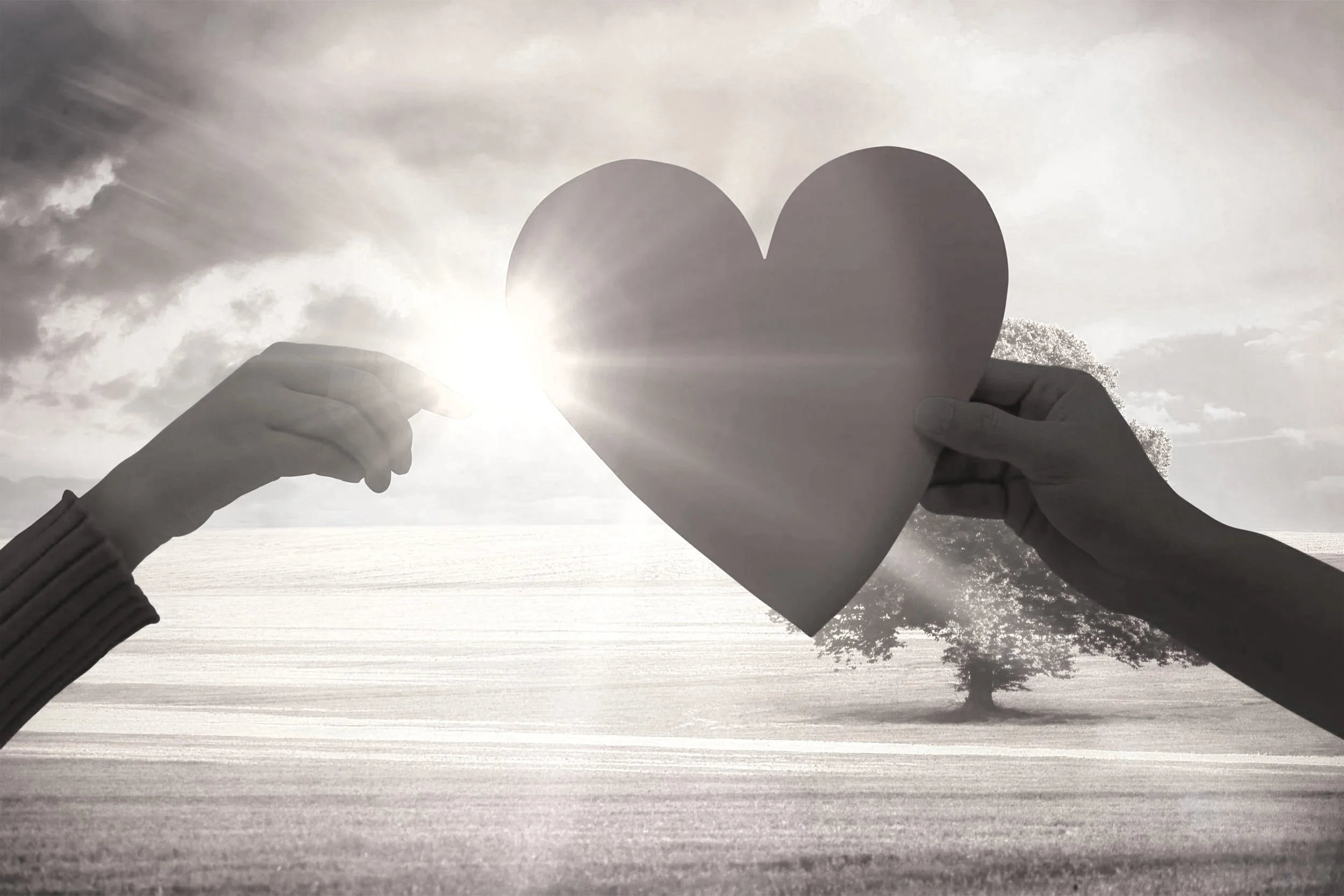 Two hands holding a large heart-shaped paper cutout against a background of a landscape with a large tree, cloudy sky, and the sun shining behind the heart.
