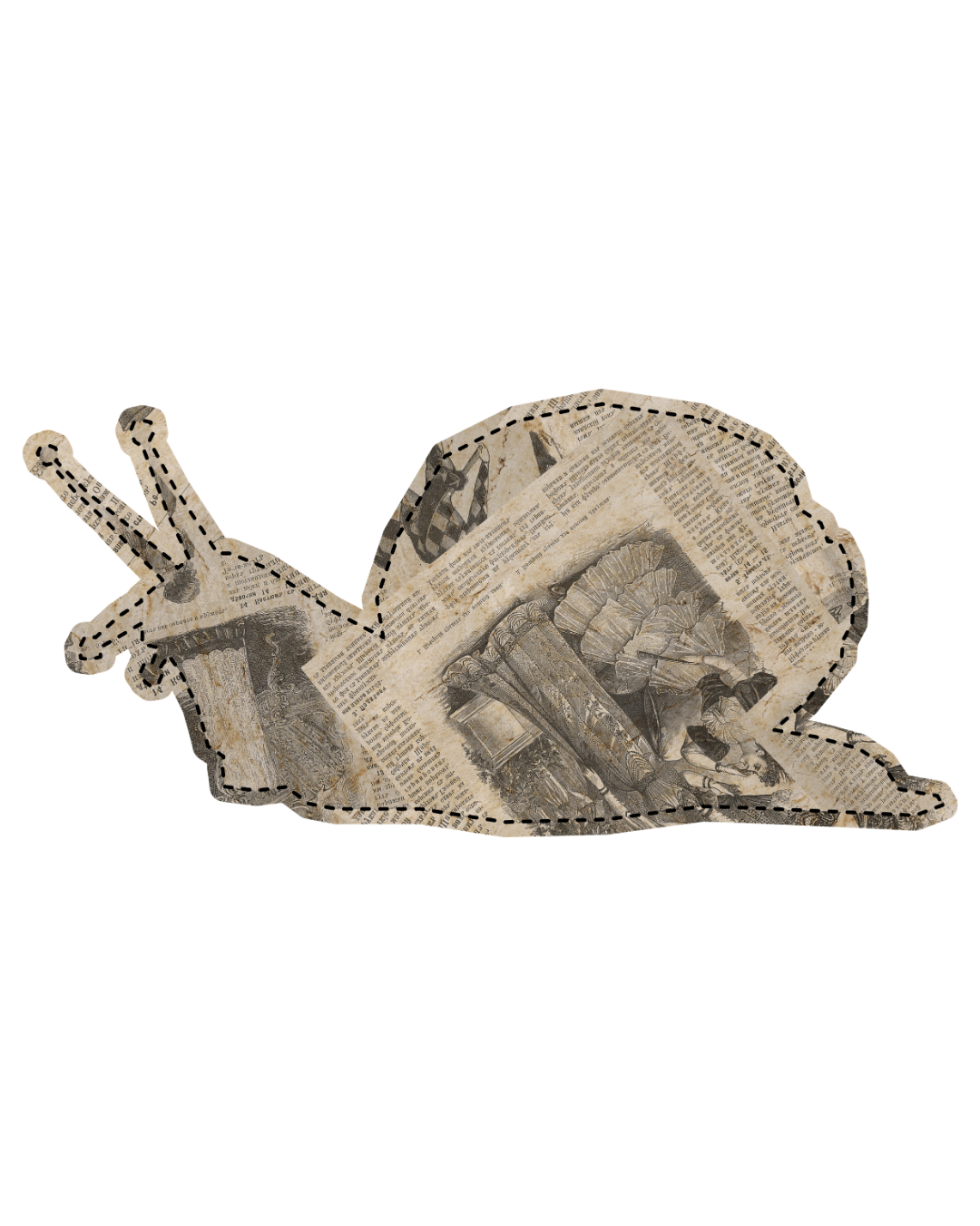 A stylized duck cutout with newspaper print pattern, featuring cityscape illustrations, outlined with dashed lines.