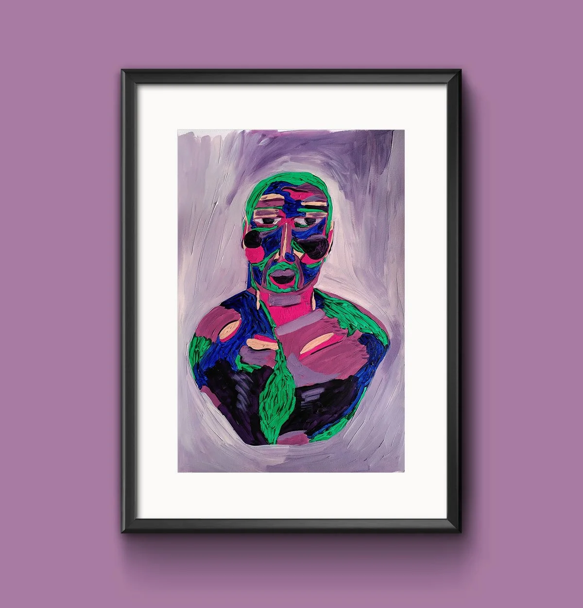 Portrait of man in green, blue and purple.