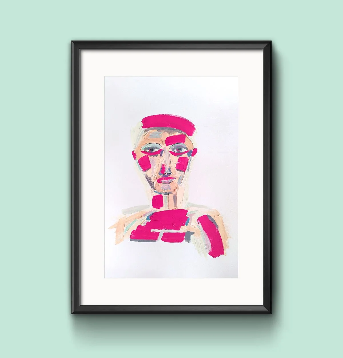Portrait of man in pink and green.
