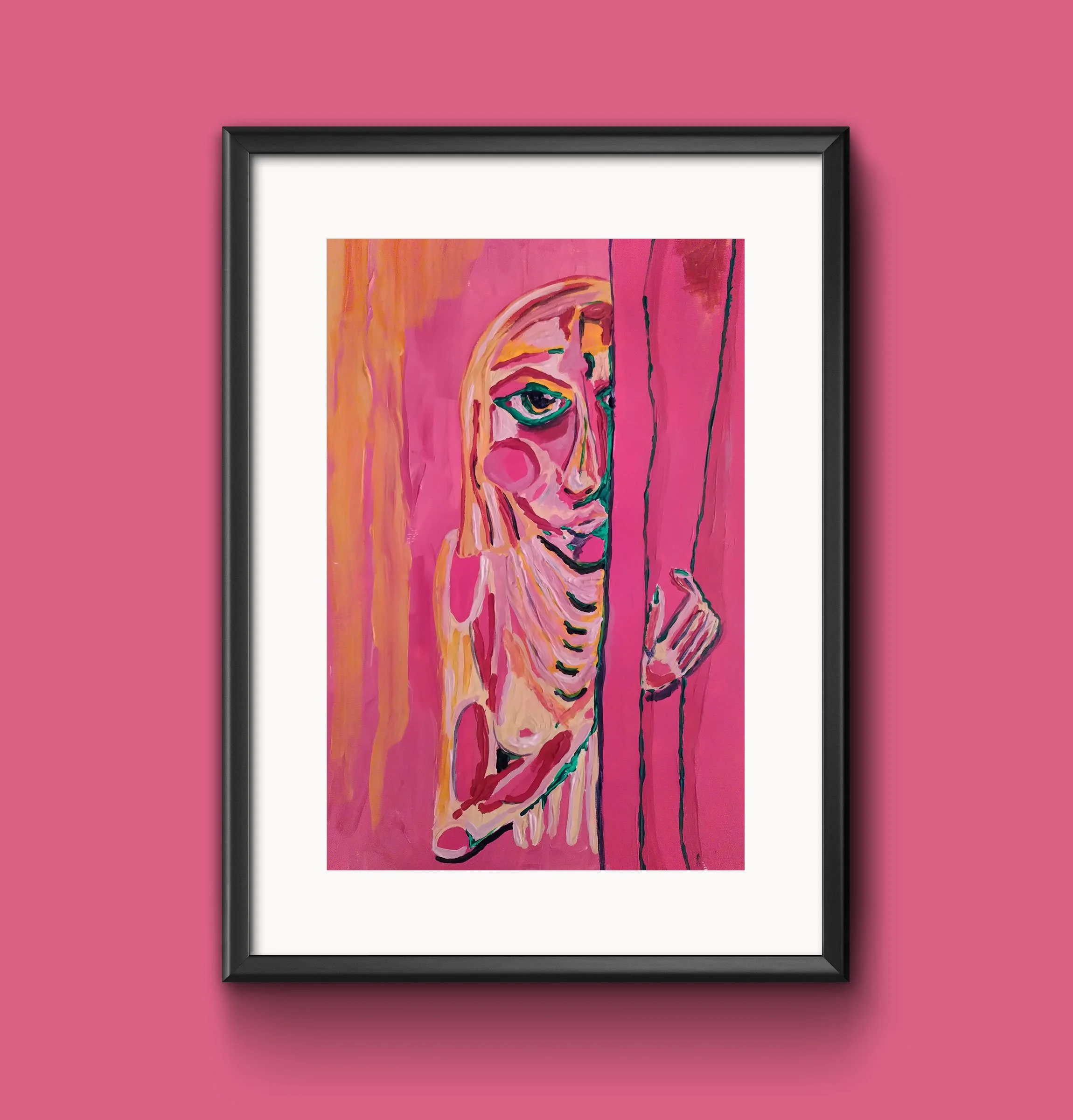 Portrait of woman peeking from behind a pink curtain.