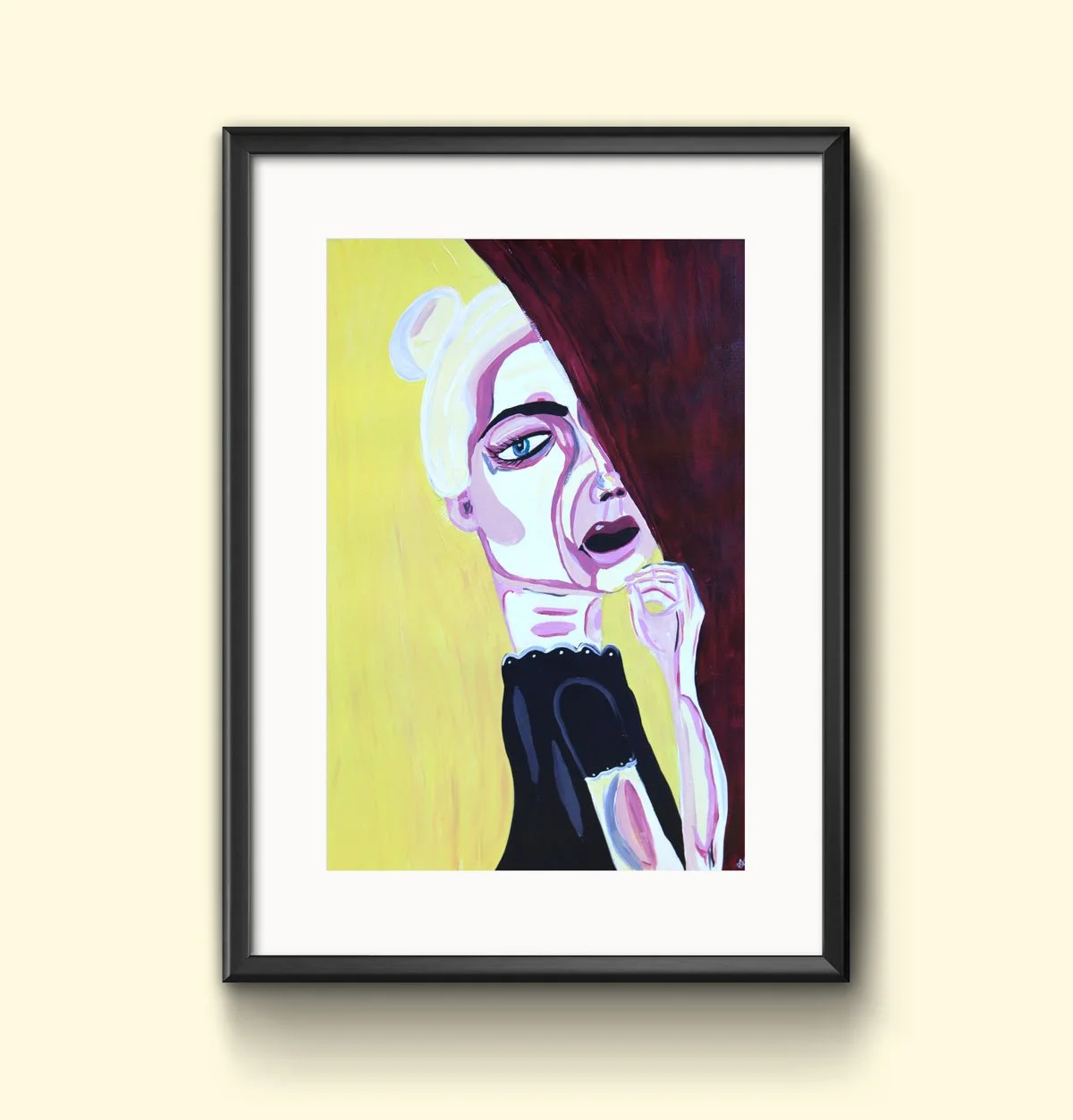 Painting of woman peeking from behind a red velvet curtain.