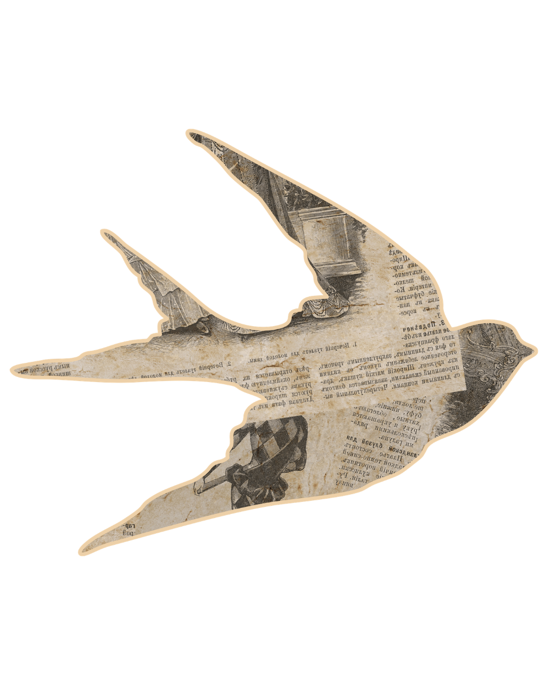 A silhouette of a bird in flight made from torn newspaper pages with visible text and images.