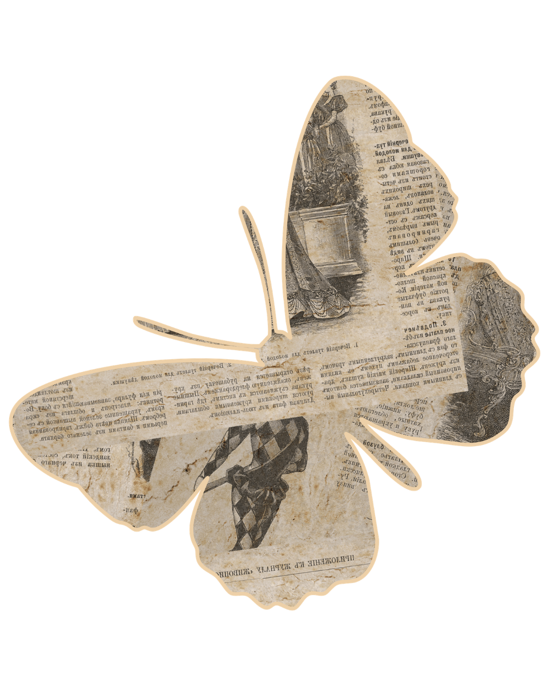 A butterfly with wings made from torn, vintage book pages, featuring text and illustrations.