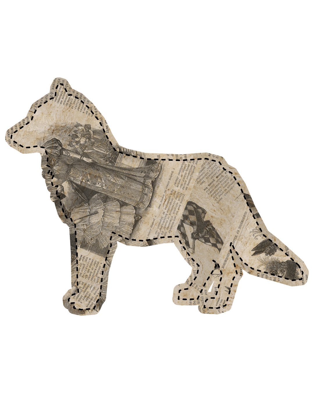 Collage of vintage newspaper clippings forming the shape of a dog, with images of historical figures and text inside.