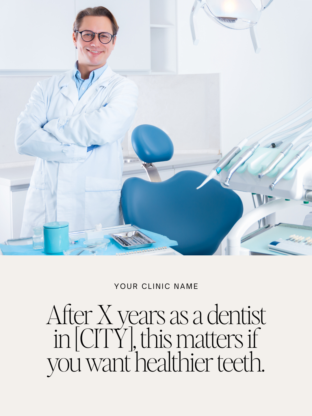 A smiling male dentist wearing glasses and a white coat in a dental clinic, with dental tools and equipment on the counter, and a dental chair in the background.