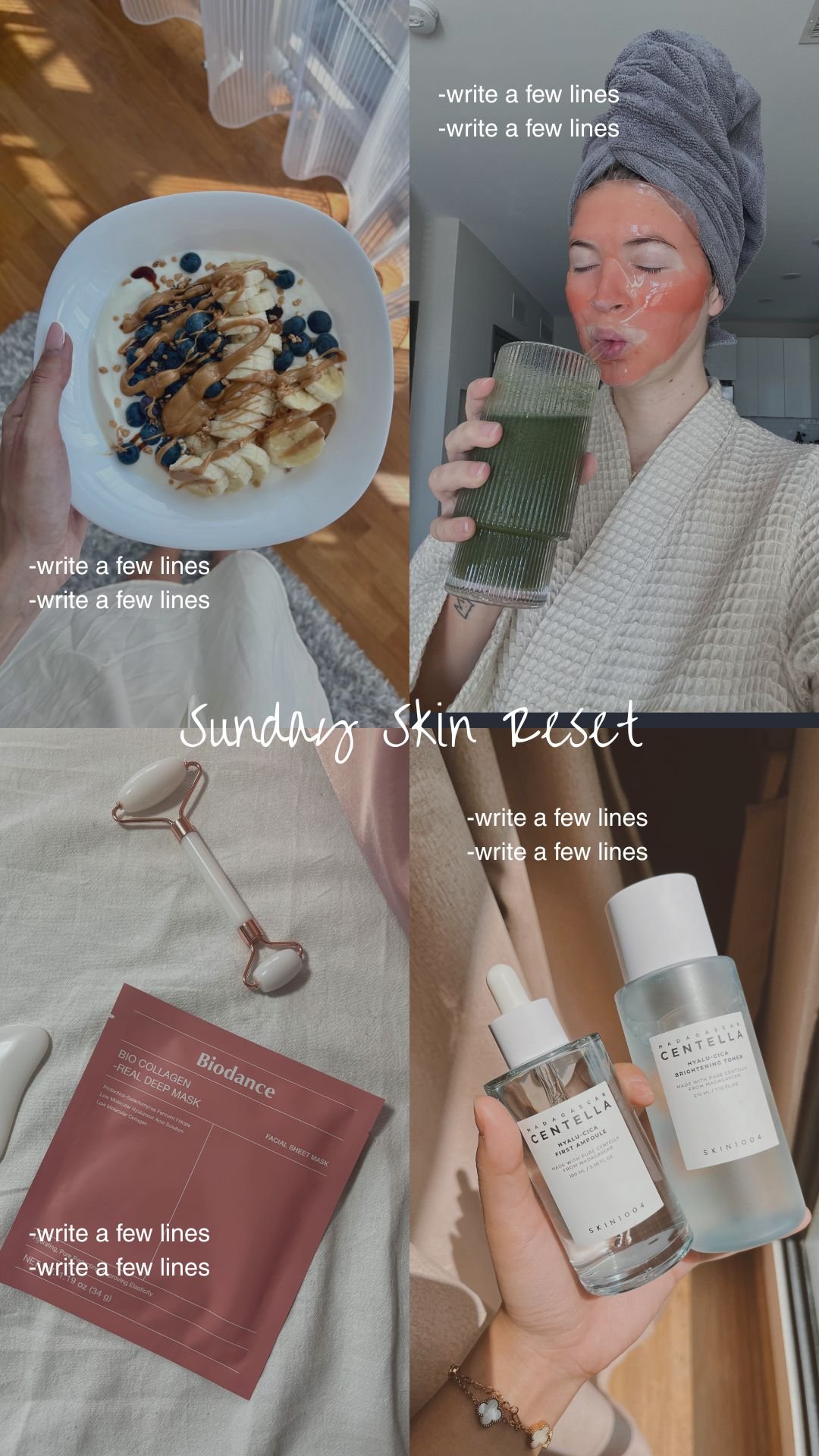 A collage of four images with a 'Sunday Skin Reset' theme. The top-left shows a bowl of breakfast with bananas, blueberries, chocolate drizzle, and caramel sauce. The top-right features a woman with a towel wrapped around her head, wearing a face mask, holding a green juice. The bottom-left displays a rose quartz facial roller and a sheet mask packet labeled 'Biodance Bio Collagen.' The bottom-right shows a hand holding two skincare bottles branded 'Medik8 Centella'—a serum and a toner.