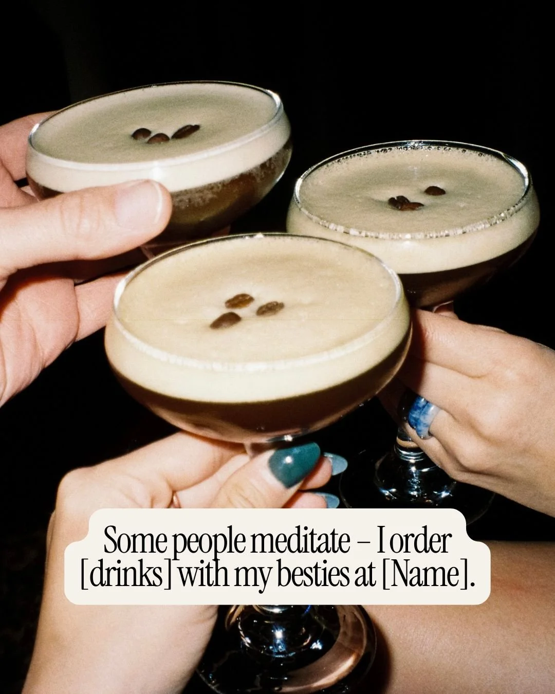 Three glasses of coffee or dessert drinks with coffee beans on top, held by three people with different skin tones and rings, against a black background.