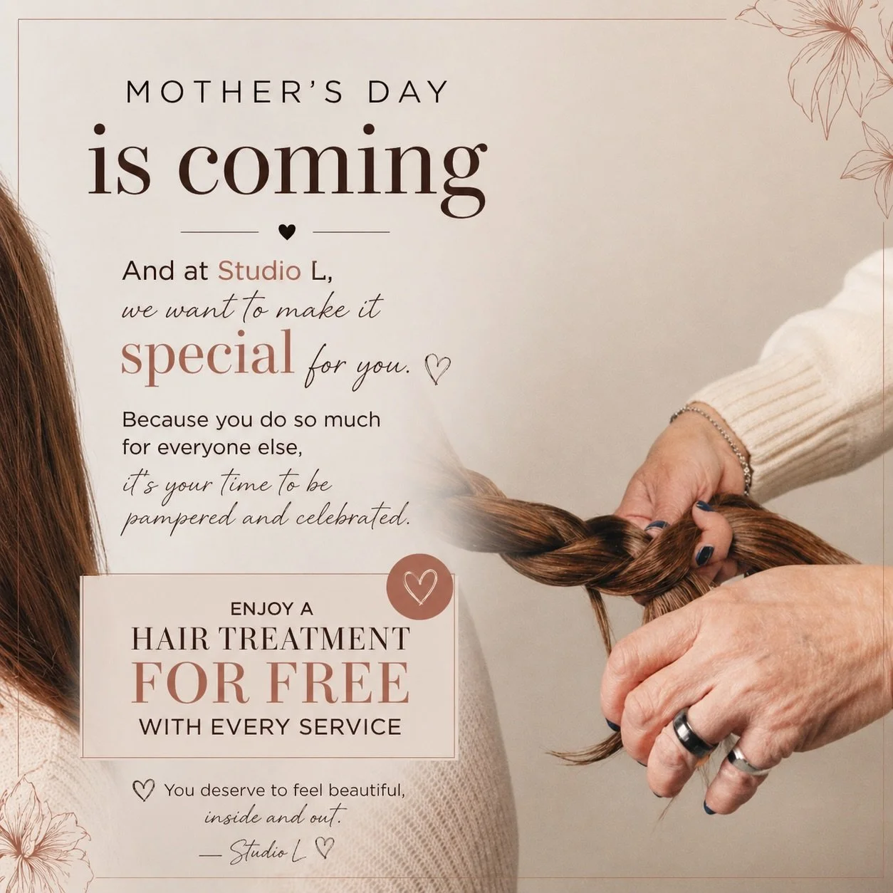 Mother&rsquo;s Day is almost here 🤍
At Studio L, we&rsquo;re making it extra special for all the amazing moms out there.
Book your appointment now &amp; let us take care of you 💐

#MothersDay #StudioL #HairCare #PamperYourself #SalonLove