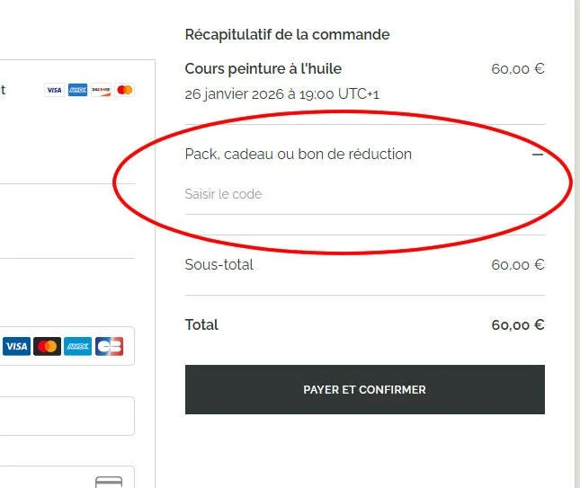 Récapitulatif de commande pour un cours de peinture à l'huile, avec option pour un pack, cadeau ou bon de réduction, total de 60 euros, paiement via carte bancaire.