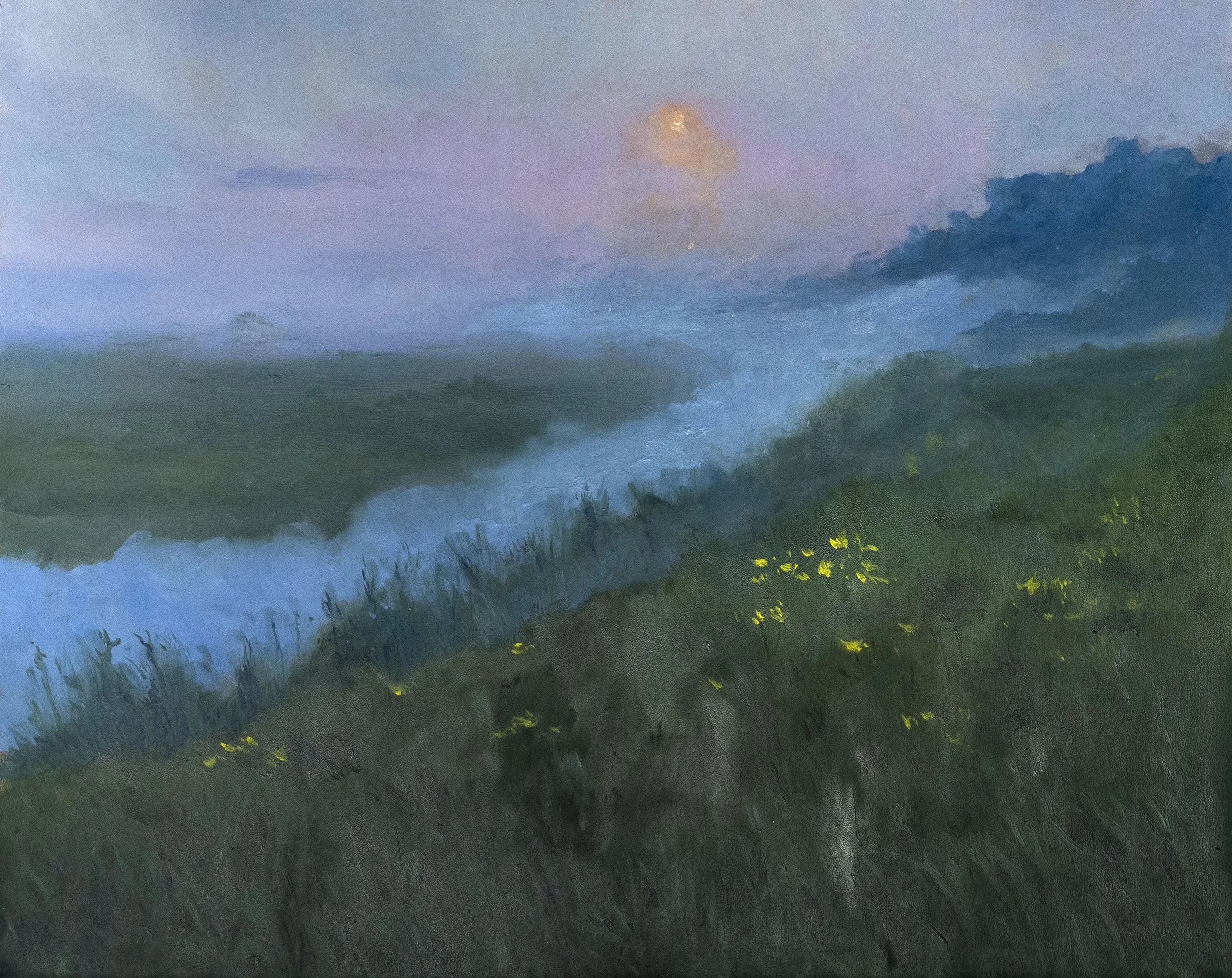 Peinture représentant un paysage naturel avec une rivière, de l'herbe, des fleurs jaunes, un ciel nuageux avec la lune