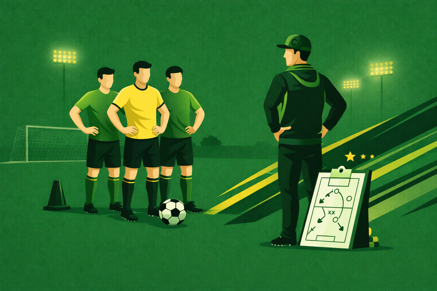 Empty soccer field with bright sunlight, surrounded by trees and stadium seating, under a blue sky with some clouds.