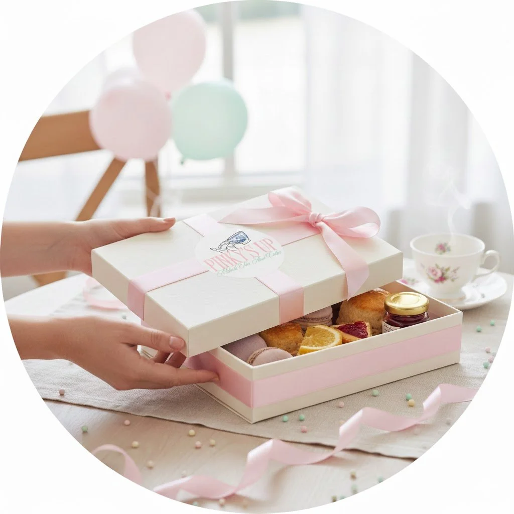 A person opening a pink and white gift box containing assorted cookies, macarons, and small jars on a decorated table with a teacup and balloons in the background.