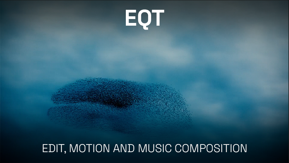 A large flock of starlings flying together in the sky at dusk, forming a swirling, cloud-like shape. The sky is cloudy with a blue-gray hue. The text 'EQT' appears at the top, and 'Edit, Motion and Music Composition' at the bottom.