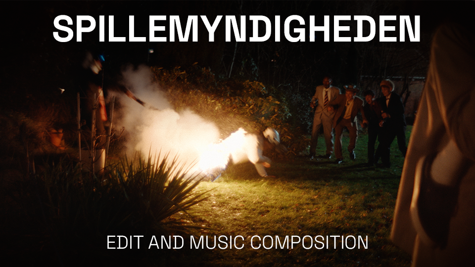 Group of people watching a person falling during a firework display at night with the text 'SPILLEMYNDIGHEDEN' at the top and 'EDIT AND MUSIC COMPOSITION' at the bottom.
