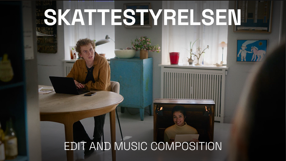 Two women in a room with eclectic decor, one sitting at a round table with a laptop and the other sitting inside a vintage wooden cabinet with a notebook. The room has paintings, a radiator, and houseplants. Text on the image reads 'SKATTSTYRELSEN' and 'EDIT AND MUSIC COMPOSITION'.