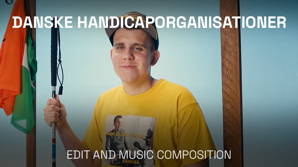 Young man holding a fishing rod, standing indoors next to a wooden column, with colorful flags hanging nearby, wearing a yellow T-shirt and a cap, with text overlay about Danish organizations for disabilities.