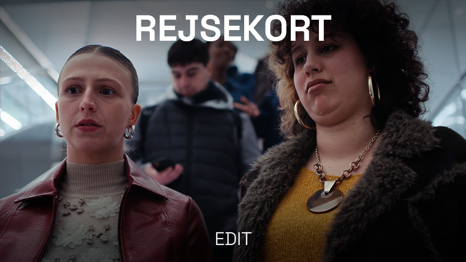 People in line at an airport with a sign that says "REJSEKORT" in Danish, indicating a travel or transit context.